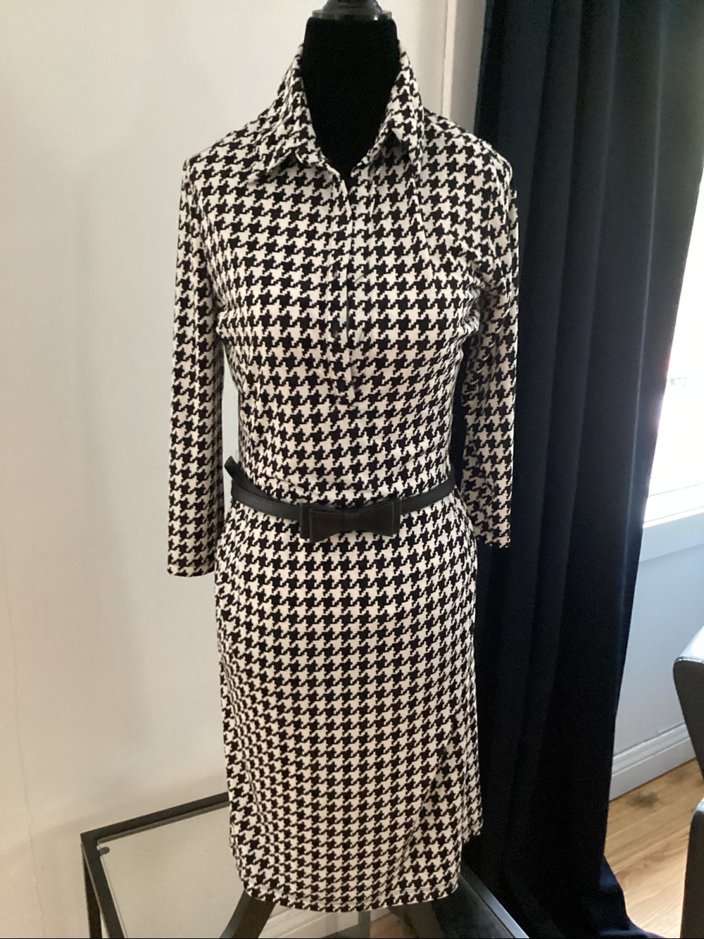 Black & White Houndstooth Shirt Dress with Belt